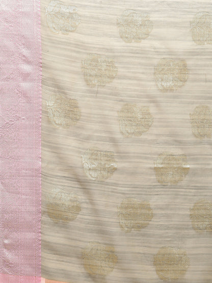 Faishana Presents Handwoven Grey Matka Silk Boota Zari Border With Peach Blouse Banarasi Saree