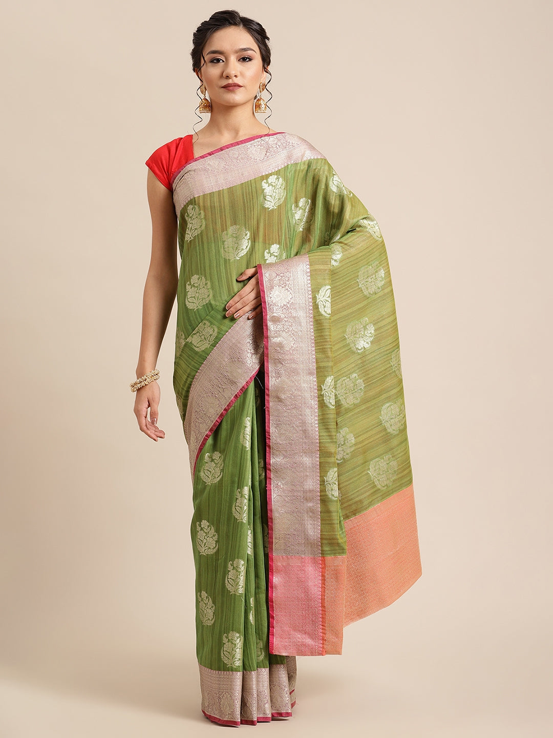 Faishana Presents Handwoven Green Matka Silk Boota Zari Border With Peach Blouse Banarasi Saree