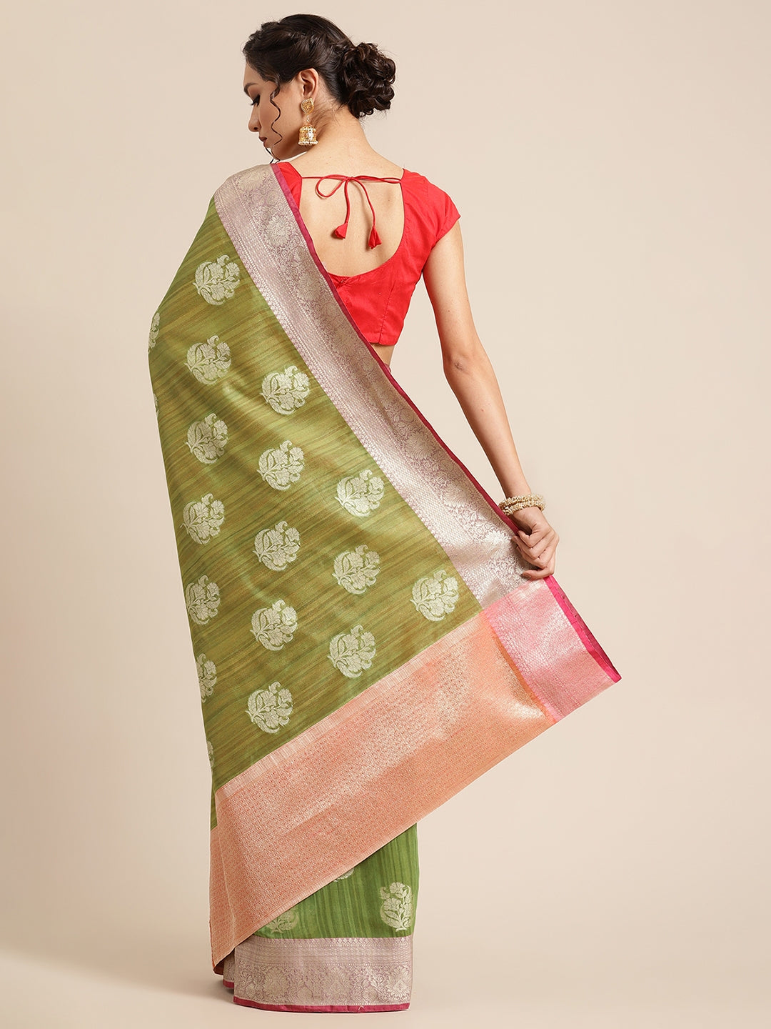 Faishana Presents Handwoven Green Matka Silk Boota Zari Border With Peach Blouse Banarasi Saree