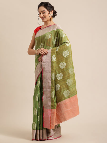 Faishana Presents Handwoven Green Matka Silk Boota Zari Border With Peach Blouse Banarasi Saree
