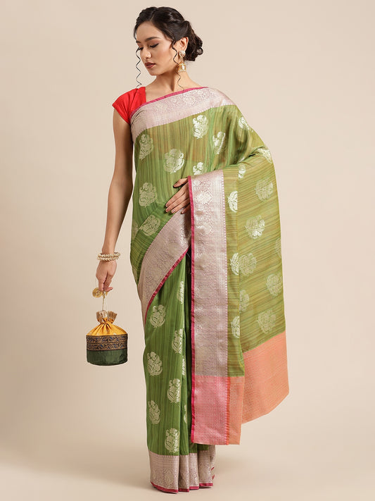 Faishana Presents Handwoven Green Matka Silk Boota Zari Border With Peach Blouse Banarasi Saree