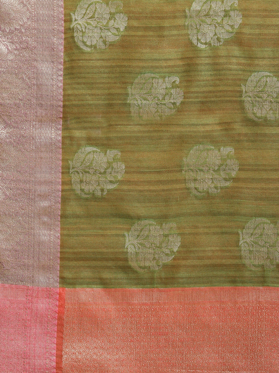Faishana Presents Handwoven Green Matka Silk Boota Zari Border With Peach Blouse Banarasi Saree