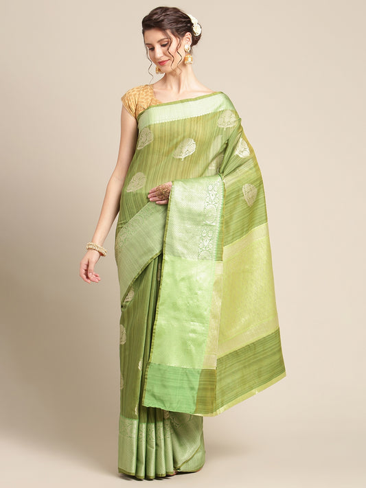 Faishana Presents Handwoven Green Matka Silk Boota Zari Border With Parrot Green Blouse Banarasi Saree