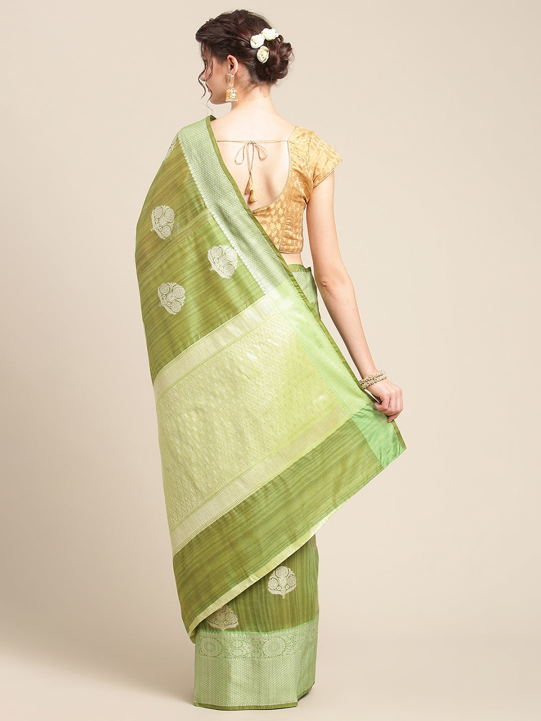 Faishana Presents Handwoven Green Matka Silk Boota Zari Border With Parrot Green Blouse Banarasi Saree