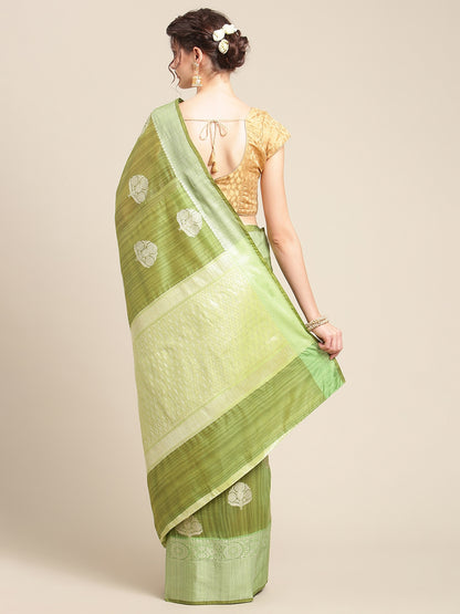 Faishana Presents Handwoven Green Matka Silk Boota Zari Border With Parrot Green Blouse Banarasi Saree