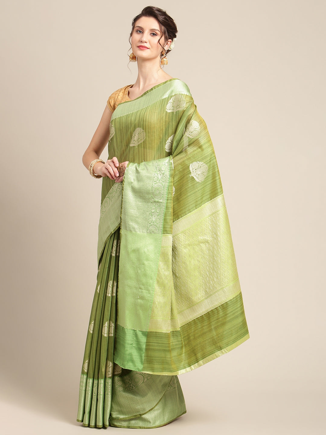 Faishana Presents Handwoven Green Matka Silk Boota Zari Border With Parrot Green Blouse Banarasi Saree
