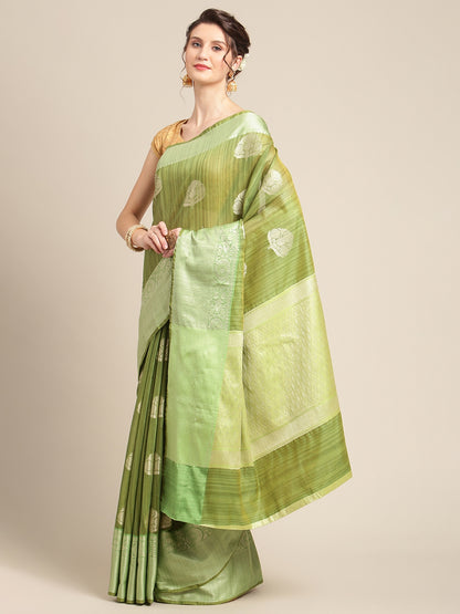 Faishana Presents Handwoven Green Matka Silk Boota Zari Border With Parrot Green Blouse Banarasi Saree