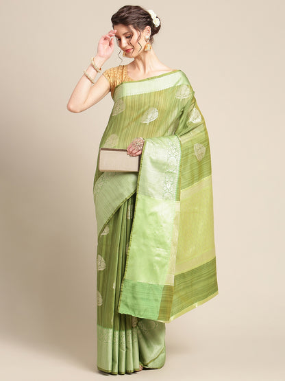 Faishana Presents Handwoven Green Matka Silk Boota Zari Border With Parrot Green Blouse Banarasi Saree