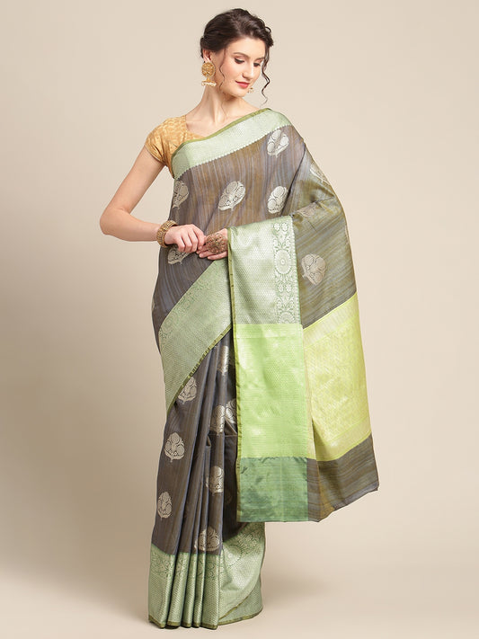 Faishana Presents Handwoven Grey Matka Silk Boota Zari Border With Parrot Green Blouse Banarasi Saree