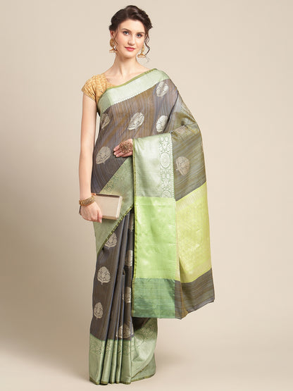 Faishana Presents Handwoven Grey Matka Silk Boota Zari Border With Parrot Green Blouse Banarasi Saree