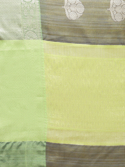 Faishana Presents Handwoven Grey Matka Silk Boota Zari Border With Parrot Green Blouse Banarasi Saree