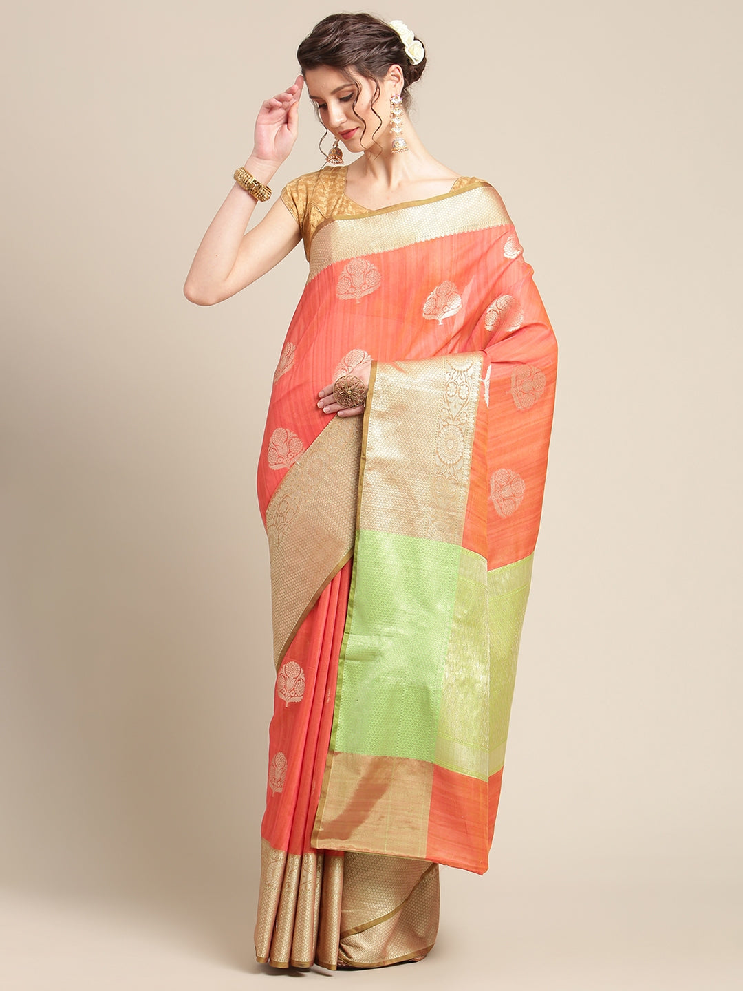 Faishana Presents Handwoven Orange Matka Silk Boota Zari Border With Parrot Green Blouse Banarasi Saree