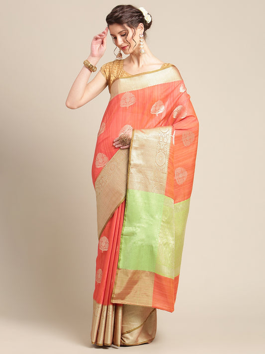 Faishana Presents Handwoven Orange Matka Silk Boota Zari Border With Parrot Green Blouse Banarasi Saree