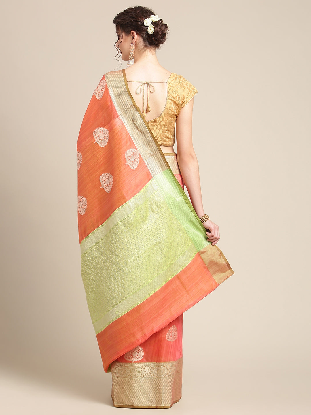 Faishana Presents Handwoven Orange Matka Silk Boota Zari Border With Parrot Green Blouse Banarasi Saree