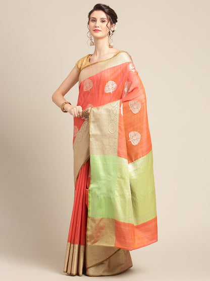 Faishana Presents Handwoven Orange Matka Silk Boota Zari Border With Parrot Green Blouse Banarasi Saree