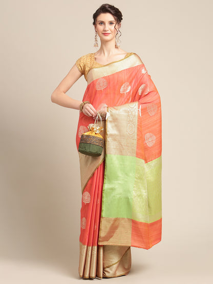 Faishana Presents Handwoven Orange Matka Silk Boota Zari Border With Parrot Green Blouse Banarasi Saree