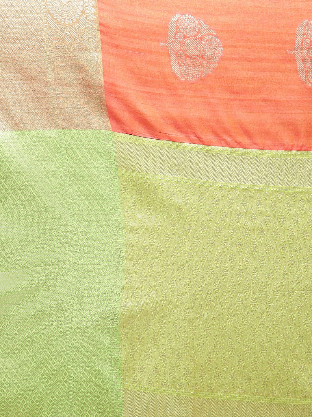 Faishana Presents Handwoven Orange Matka Silk Boota Zari Border With Parrot Green Blouse Banarasi Saree