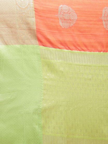 Faishana Presents Handwoven Orange Matka Silk Boota Zari Border With Parrot Green Blouse Banarasi Saree