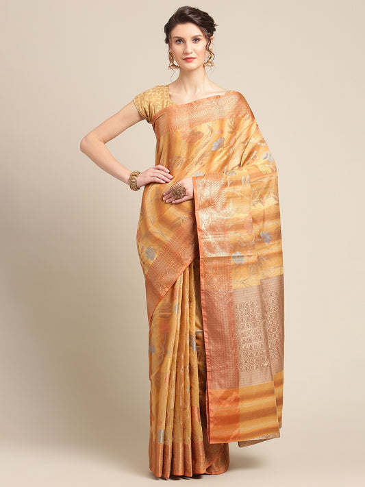 Faishana Presents Handwoven Brown Matka Silk Tilfi Jaal Zari Border With Peach Blouse Banarasi Saree