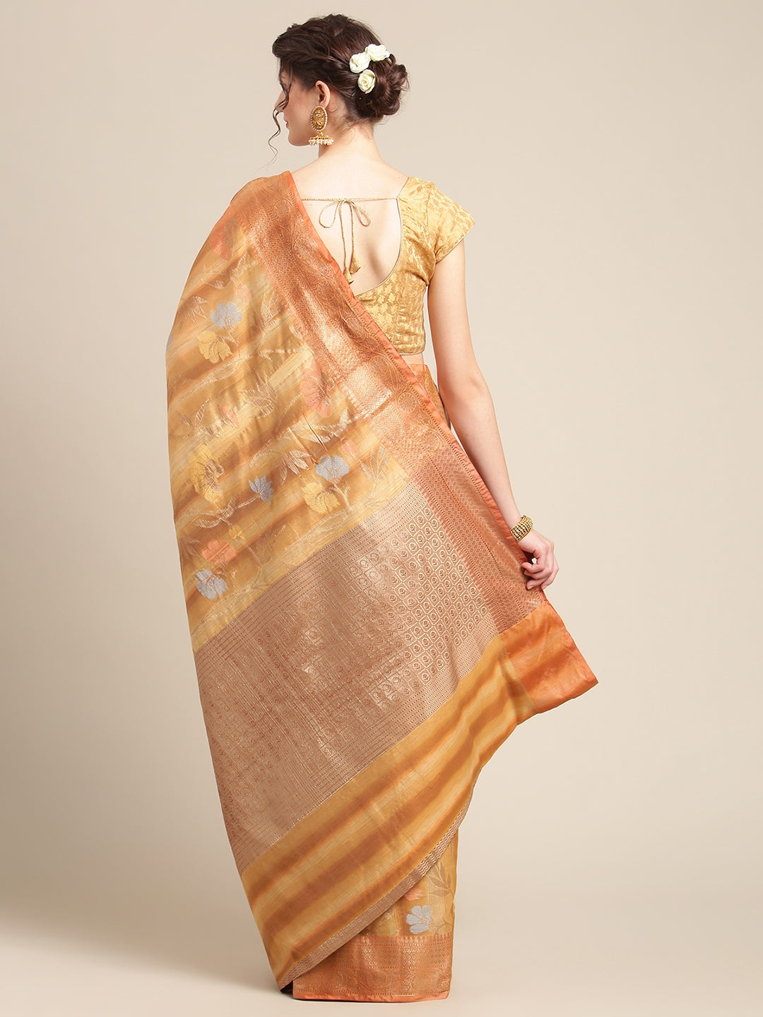 Faishana Presents Handwoven Brown Matka Silk Tilfi Jaal Zari Border With Peach Blouse Banarasi Saree
