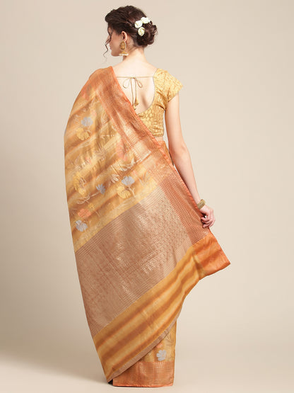 Faishana Presents Handwoven Brown Matka Silk Tilfi Jaal Zari Border With Peach Blouse Banarasi Saree