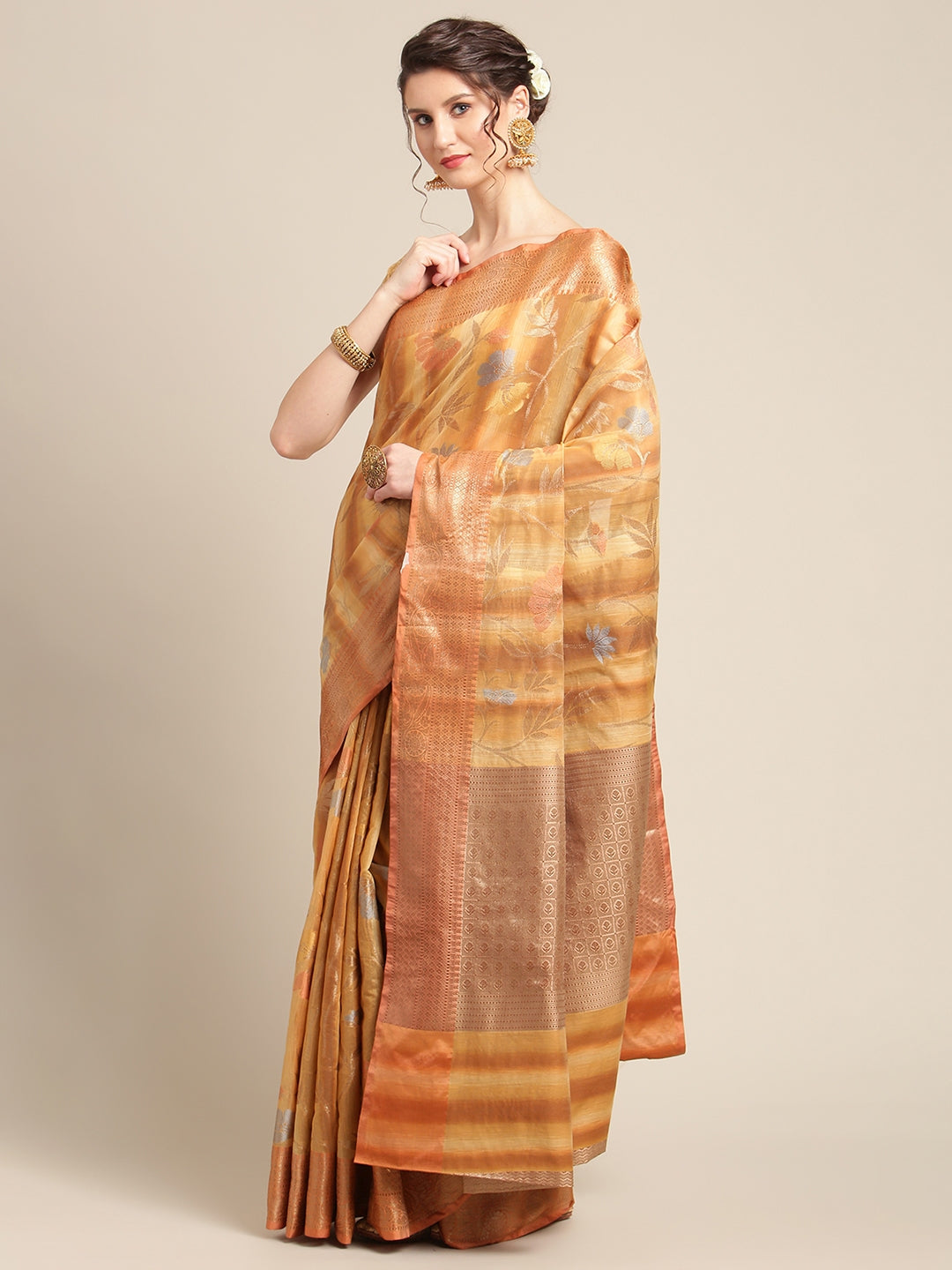 Faishana Presents Handwoven Brown Matka Silk Tilfi Jaal Zari Border With Peach Blouse Banarasi Saree