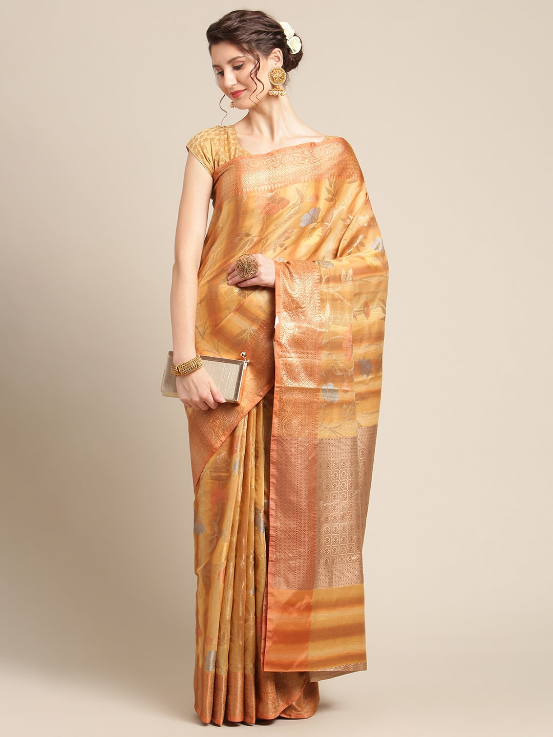 Faishana Presents Handwoven Brown Matka Silk Tilfi Jaal Zari Border With Peach Blouse Banarasi Saree