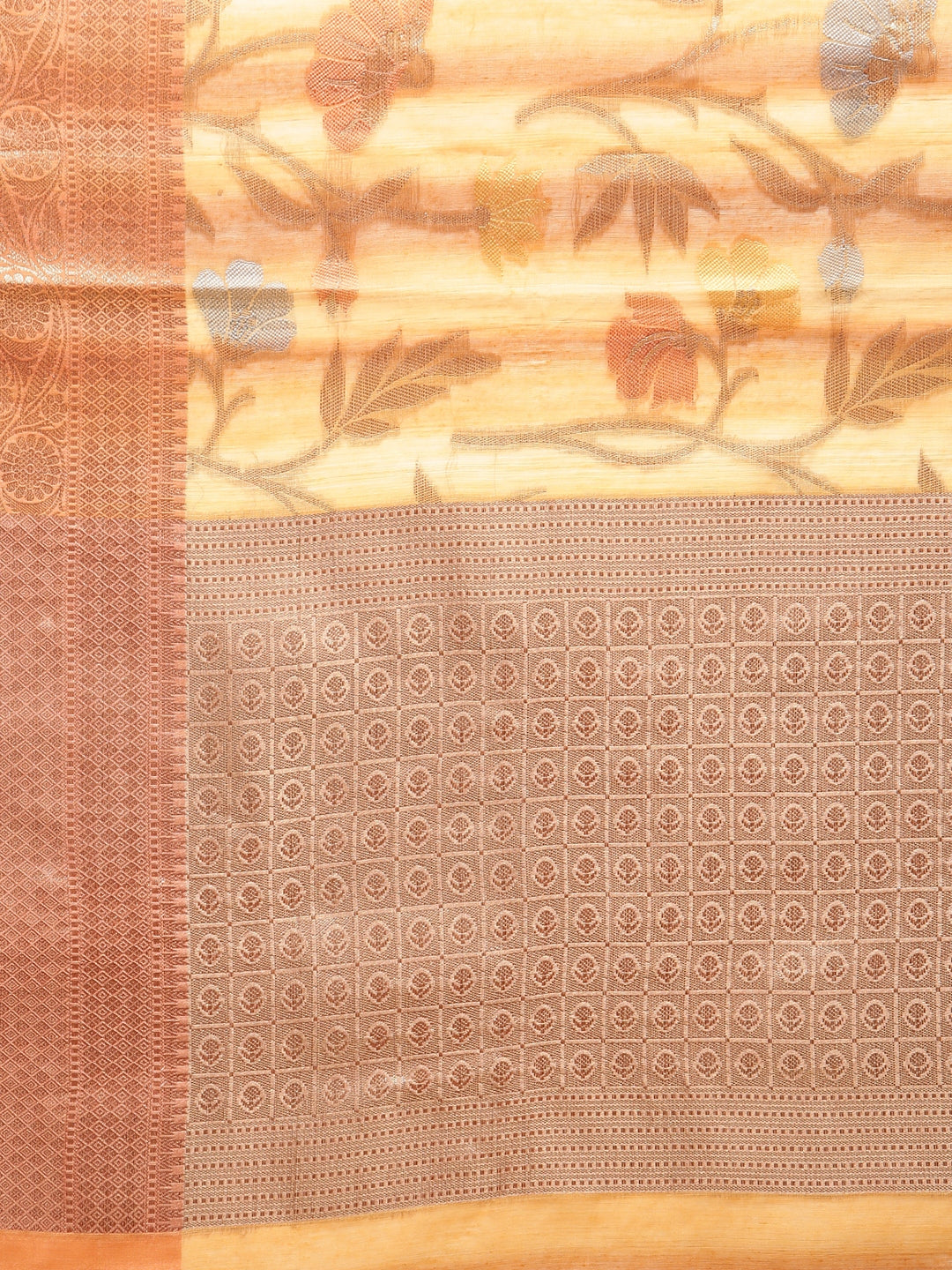 Faishana Presents Handwoven Brown Matka Silk Tilfi Jaal Zari Border With Peach Blouse Banarasi Saree