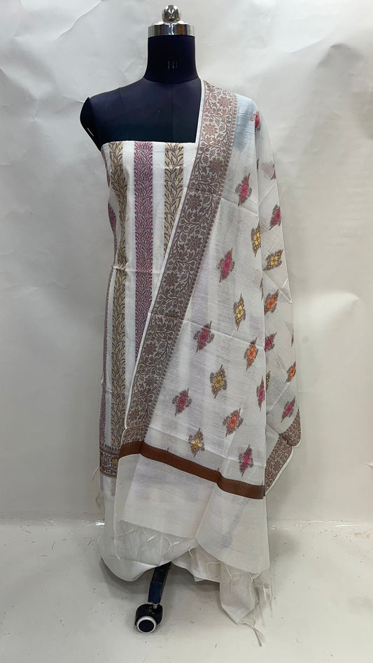 Faishana Presents White Cotton Resham Copper Zari 3pcs Suit Set accompanied with Plain Bottom and Top Copper Zari Cotton Jaal Stripe with White Booti Dupatta