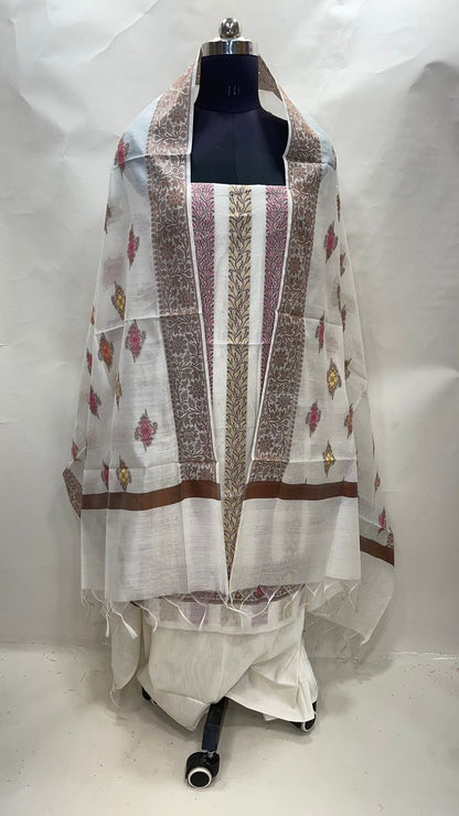 Faishana Presents White Cotton Resham Copper Zari 3pcs Suit Set accompanied with Plain Bottom and Top Copper Zari Cotton Jaal Stripe with White Booti Dupatta