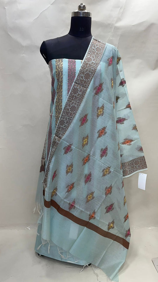 Faishana Presents Sky Blue Cotton Resham Copper Zari 3pcs Suit Set accompanied with Plain Bottom and Top Copper Zari Cotton Small Mina Boota with Sky Blue Mina Jaal Dupatta