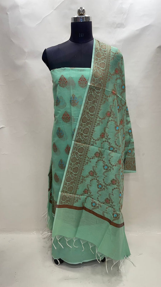 Faishana Presents Sea Green Cotton Resham Copper Zari  3pcs Suit Set accompanied with Plain Bottom and Top Mina Resham Boota with Sea Green Jaal Dupatta