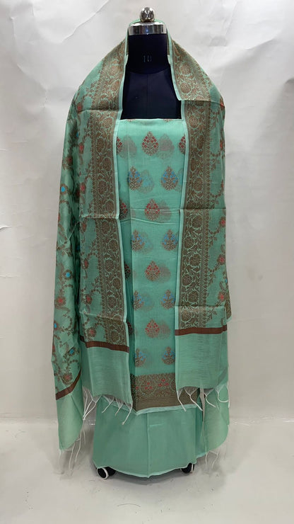 Faishana Presents Sea Green Cotton Resham Copper Zari  3pcs Suit Set accompanied with Plain Bottom and Top Mina Resham Boota with Sea Green Jaal Dupatta