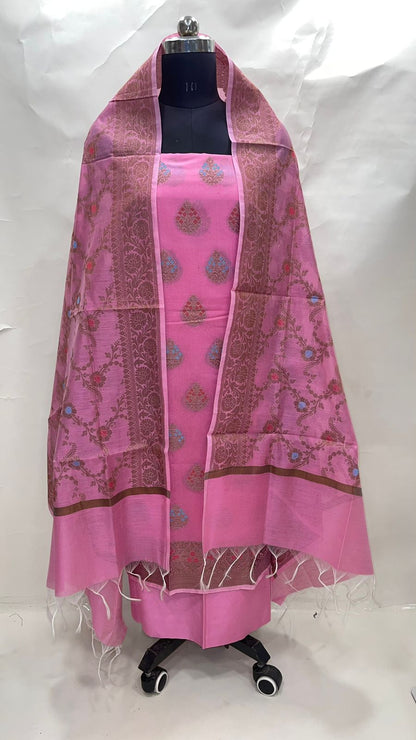 Faishana Presents Pink Cotton Resham Copper Zari  3pcs Suit Set accompanied with Plain Bottom and Top Mina Resham Boota with Pink Jaal Dupatta
