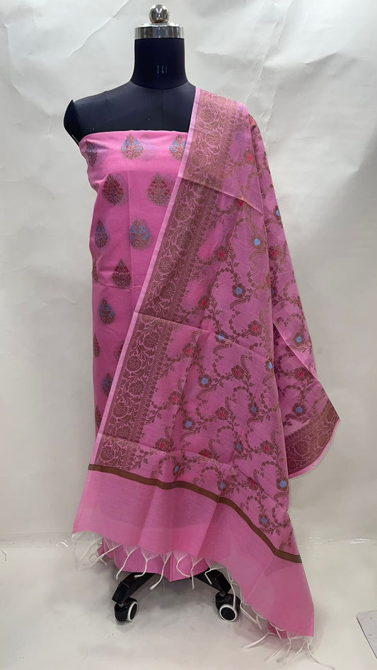 Faishana Presents Pink Cotton Resham Copper Zari  3pcs Suit Set accompanied with Plain Bottom and Top Mina Resham Boota with Pink Jaal Dupatta