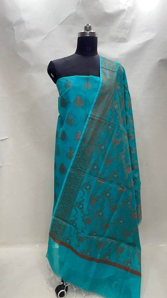 Faishana Presents Sky Blue Cotton Resham Copper Zari  3pcs Suit Set accompanied with Plain Bottom and Top Mina Resham Boota with Sky Blue Jaal Dupatta