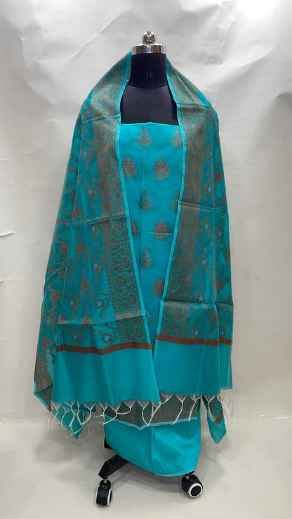Faishana Presents Sky Blue Cotton Resham Copper Zari  3pcs Suit Set accompanied with Plain Bottom and Top Mina Resham Boota with Sky Blue Jaal Dupatta