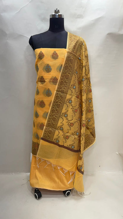 Faishana Presents Yellow Cotton Resham Copper Zari  3pcs Suit Set accompanied with Plain Bottom and Top Mina Resham Boota with Yellow Jaal Dupatta