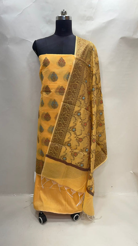 Faishana Presents Yellow Cotton Resham Copper Zari  3pcs Suit Set accompanied with Plain Bottom and Top Mina Resham Boota with Yellow Jaal Dupatta