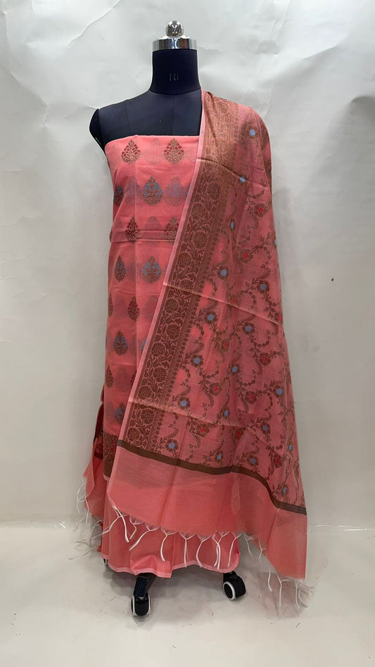 Faishana Presents Peach Cotton Resham Copper Zari 3pcs Suit Set accompanied with Plain Bottom and Top Mina Resham Boota with Peach Jaal Dupatta