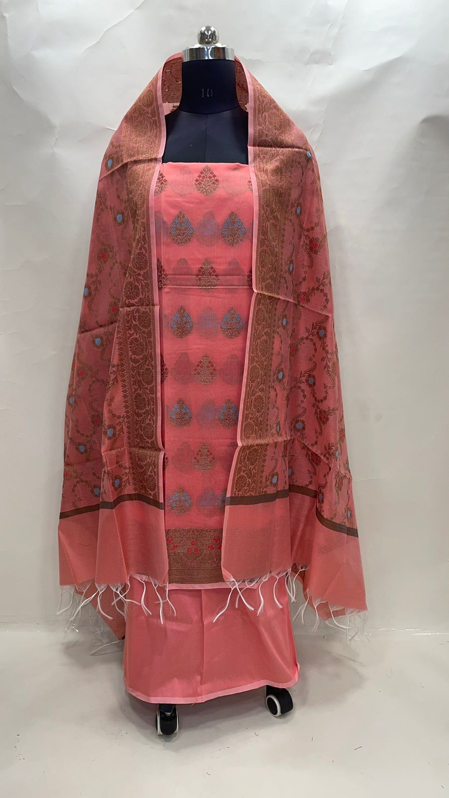 Faishana Presents Peach Cotton Resham Copper Zari 3pcs Suit Set accompanied with Plain Bottom and Top Mina Resham Boota with Peach Jaal Dupatta
