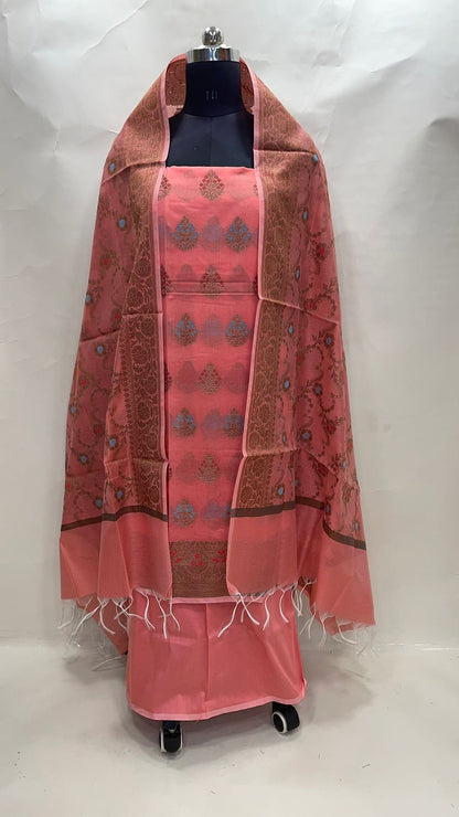 Faishana Presents Peach Cotton Resham Copper Zari 3pcs Suit Set accompanied with Plain Bottom and Top Mina Resham Boota with Peach Jaal Dupatta
