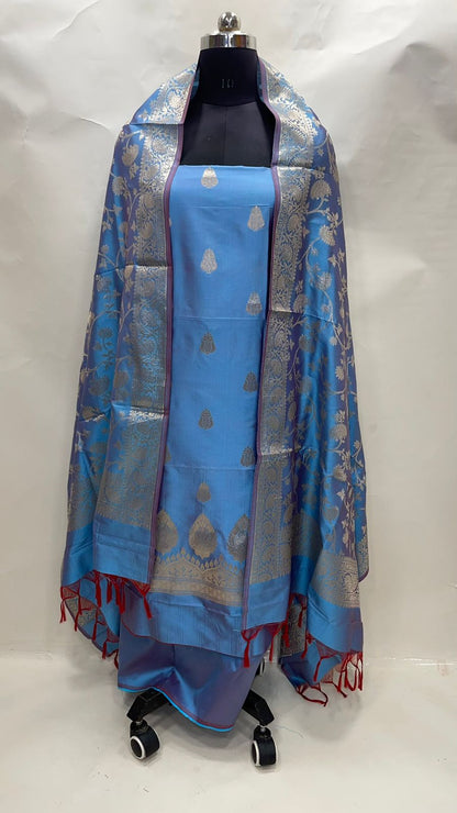 Faishana Presents Sky Blue Katan Silk 3pcs Suit Set accompanied with Plain Bottom and Top Golden Zari Booti with Sky Blue Golen Jaal Dupatta