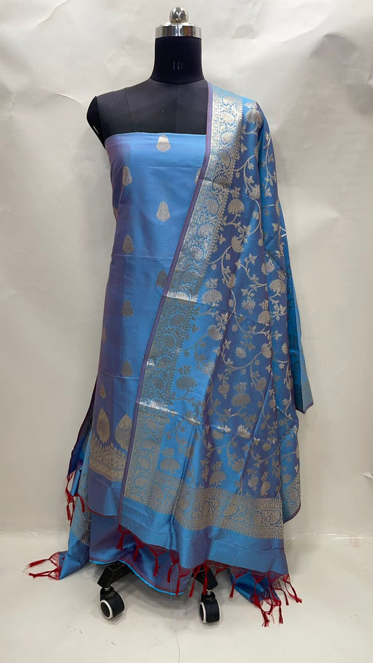 Faishana Presents Sky Blue Katan Silk 3pcs Suit Set accompanied with Plain Bottom and Top Golden Zari Booti with Sky Blue Golen Jaal Dupatta