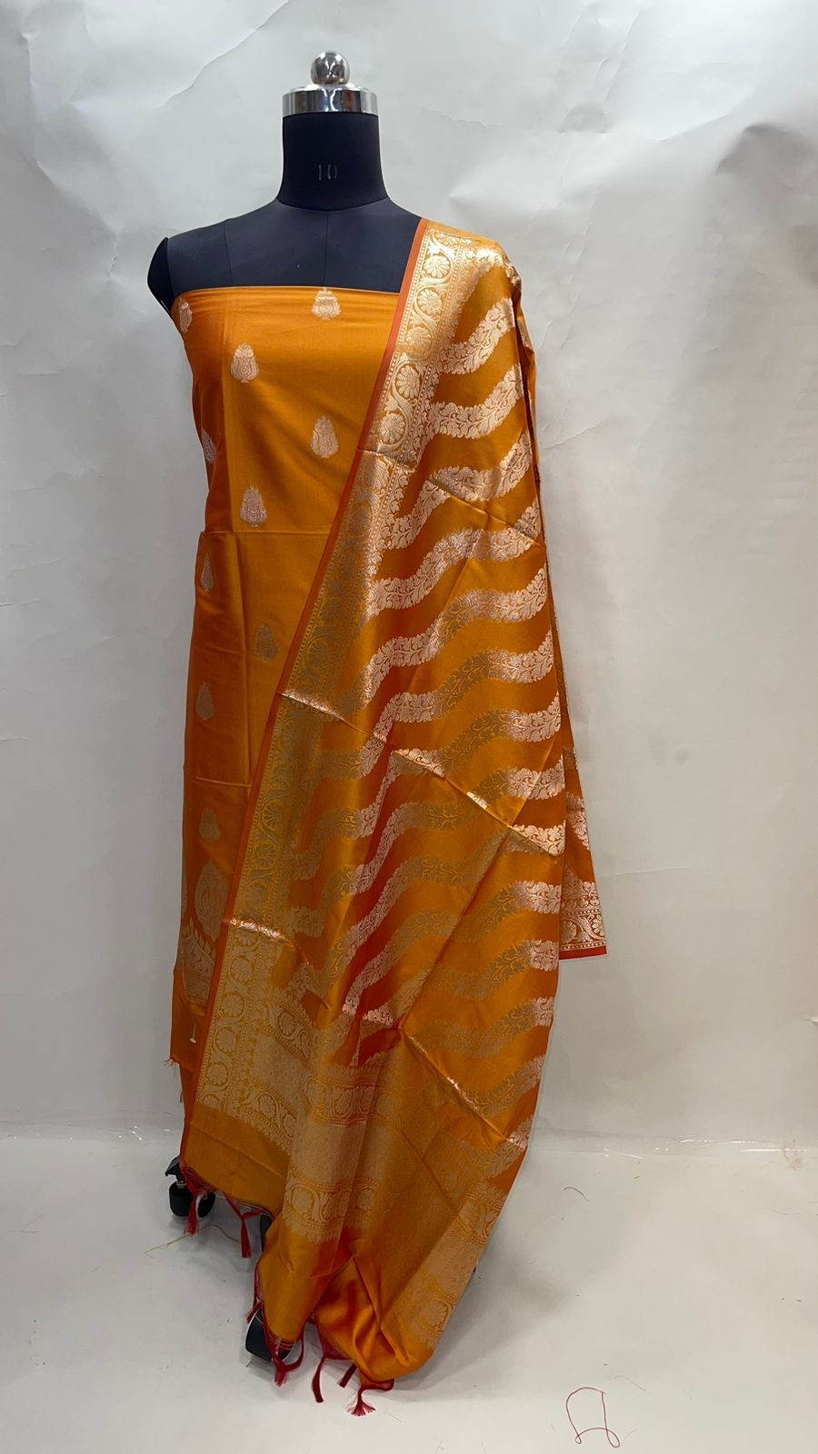 Faishana Presents Mustard Yellow Katan Silk 3pcs Suit Set accompanied with Plain Bottom and Top Golden Zari Booti & Mustard Yellow Golden Lehariya Stripe Katan Silk Dupatta