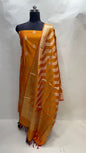 Faishana Presents Mustard Yellow Katan Silk 3pcs Suit Set accompanied with Plain Bottom and Top Golden Zari Booti & Mustard Yellow Golden Lehariya Stripe Katan Silk Dupatta