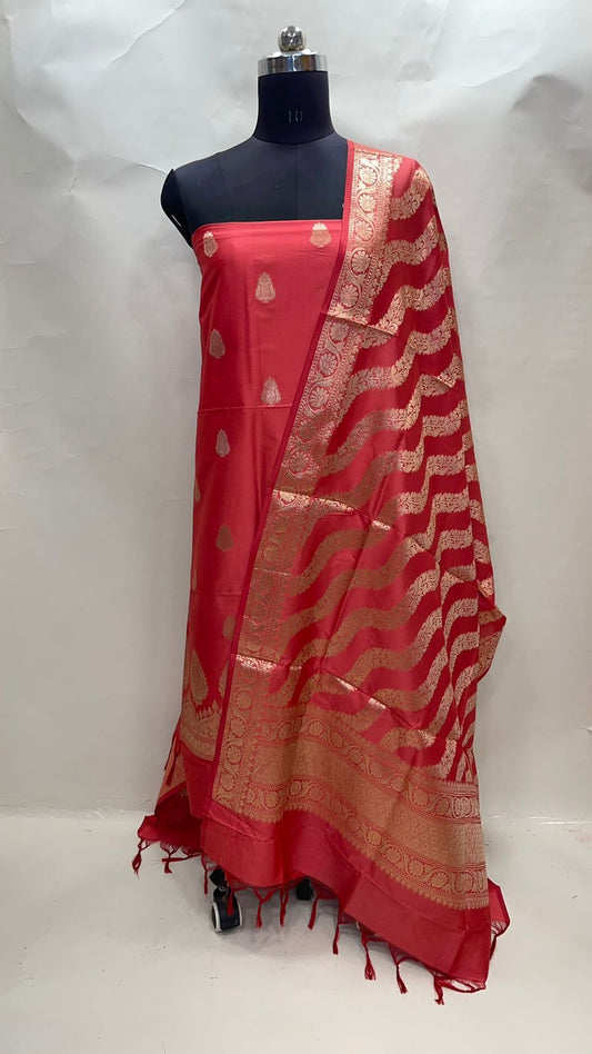 Faishana Presents Red Katan Silk 3pcs Suit Set accompanied with Plain Bottom and Top Golden Zari Booti & Red Golden Lehariya Stripe Katan Silk Dupatta