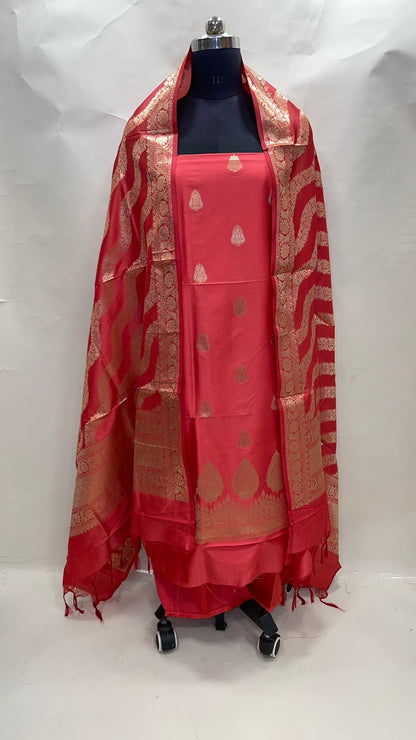 Faishana Presents Red Katan Silk 3pcs Suit Set accompanied with Plain Bottom and Top Golden Zari Booti & Red Golden Lehariya Stripe Katan Silk Dupatta