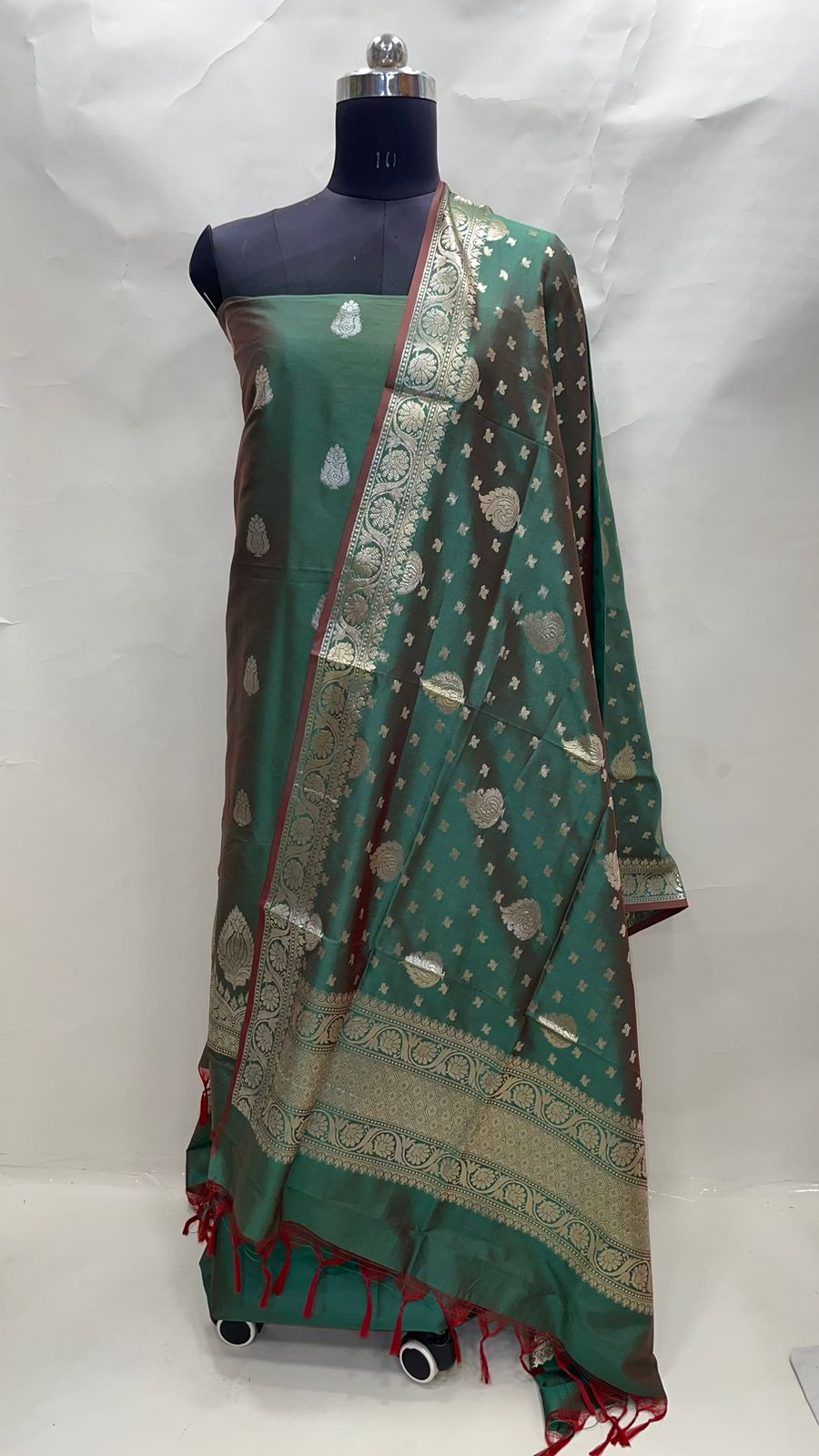 Faishana Presents Green Katan Silk 3pcs Suit Set accompanied with Plain Bottom and Top Golden Zari Booti & Green Golden Booti Katan Silk Dupatta