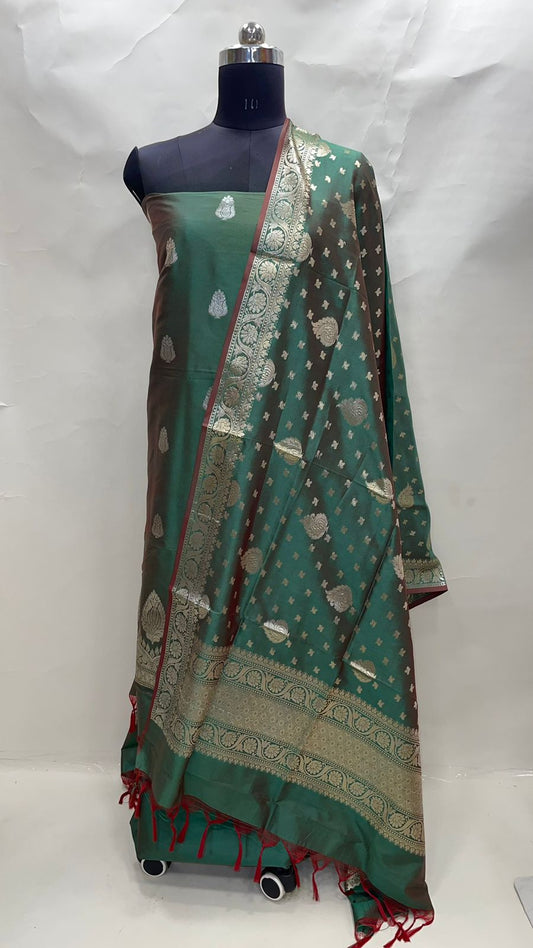 Faishana Presents Green Katan Silk 3pcs Suit Set accompanied with Plain Bottom and Top Golden Zari Booti & Green Golden Booti Katan Silk Dupatta